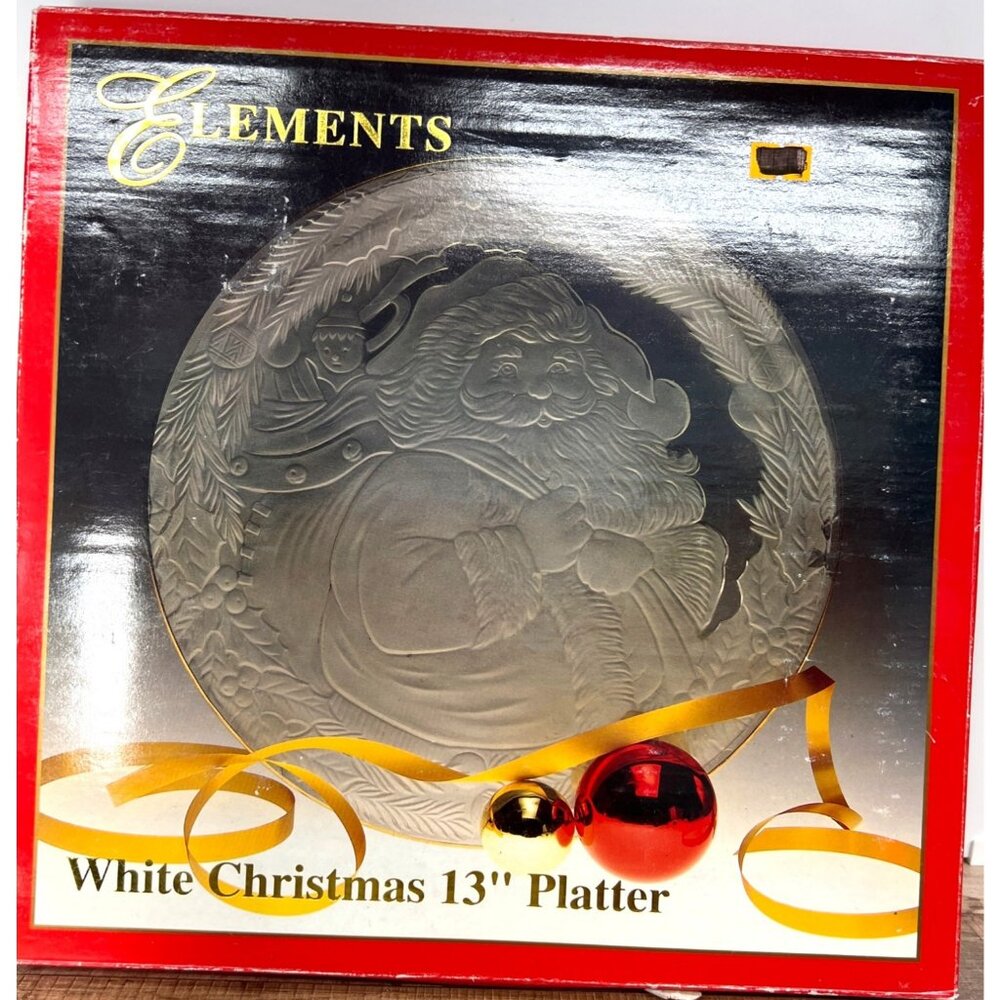 Elements White Christmas 13" Platter With Santa Frosted Glass & Gold Rim